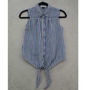 Dizzylissy Womens XS Blue White Striped Sleeveless Tie Front Button Down Top